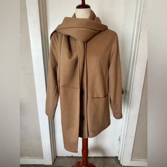 NWT Abercrombie & Fitch Wool Blend Tan Button Peacoat Coat with Scarf Sz S - Picture 2 of 8
